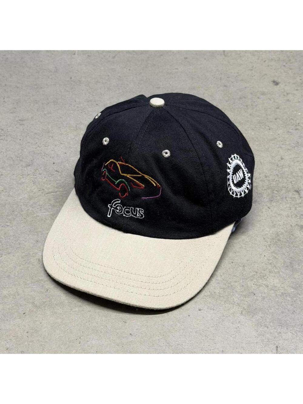 Vintage 90s Ford Focus Embroidered Art Promo Strapback 6 Panel Hat Black Tan